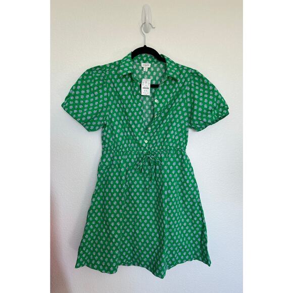 J Crew Green Floral Collared Short Sleeve Tie Waist Mini Dress - 4 - Picture 2 of 5